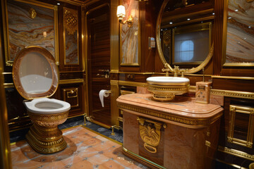 Luxury bathroom with golden toilet bowl. Interior of royal toilet room