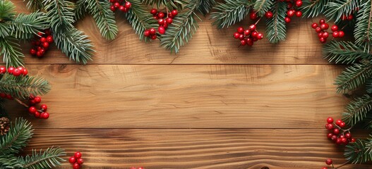 Christmas background with pine branches and red berries on wooden table. merry christmas