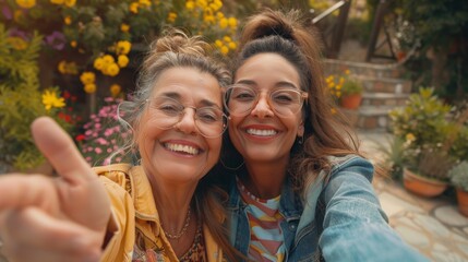 Mother's Day selfie or Mother's Day snapshot in nature for memories, support, or affection. Social media, photos, or face of mom with happy daughter in park on family vacation