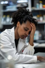 Obraz premium A stressed black woman or scientist with a lab burnout headache and migraine. Tired, dissatisfied, or exhausted African doctor doing science research with tension