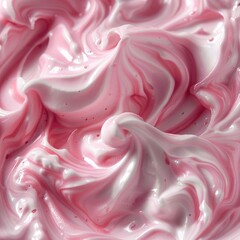 Closeup of creamy pink and white strawberry milk yogurt swirl