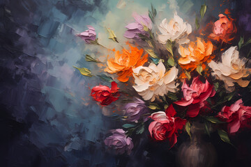 A beautiful bouquet of flowers on a dark dramatic background. Oil painting in impressionism style. Horizontal composition.