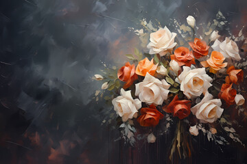 A beautiful bouquet of flowers on a dark dramatic background. Oil painting in impressionism style. Horizontal composition.