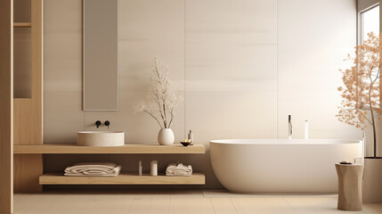 Fototapeta na wymiar Minimalist bathroom design with a Scandinavian-Japanese fusion aesthetic.