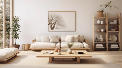 Minimalist living room design with a Scandinavian-Japanese fusion aesthetic.