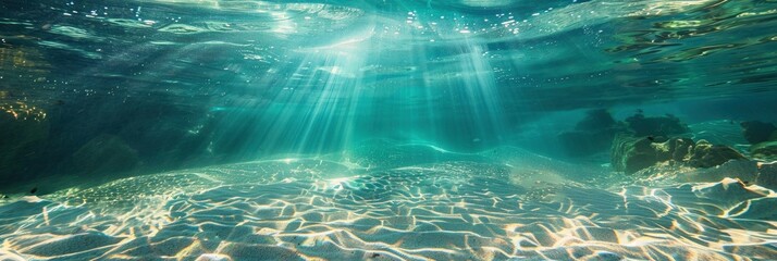 Underwater view of the clear, sandy ocean floor with sunlight filtering through the water.