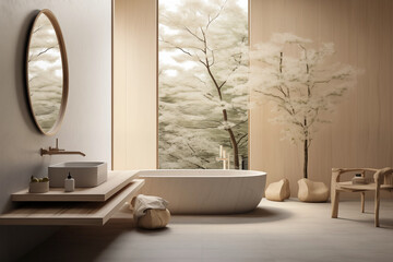 Minimalist bathroom design with a Scandinavian-Japanese fusion aesthetic.