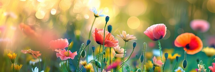 Colorful wildflowers in the meadow, including poppies and daisies, with a blurred background of green grasses and bokeh lights.