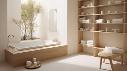 Minimalist bathroom design with a Scandinavian-Japanese fusion aesthetic.