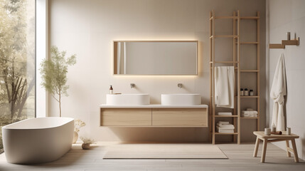 Fototapeta premium Minimalist bathroom design with a Scandinavian-Japanese fusion aesthetic.