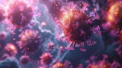 Fototapeta premium Close-up of COVID-19 Virus Cells Under Microscope. Scientific Discovery and Research in Biology