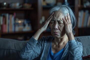 Senior woman with headaches, stress, sadness, burnout, and anxiety on sofa at home. Female mental health anxiety and depression or life problem frustration