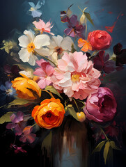 A beautiful bouquet of flowers on a dark dramatic background. Oil painting in impressionism style. Vertical composition.