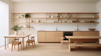 Minimalist kitchen design with a Scandinavian-Japanese fusion aesthetic.