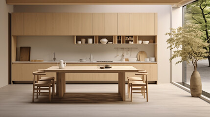 Minimalist kitchen design with a Scandinavian-Japanese fusion aesthetic.