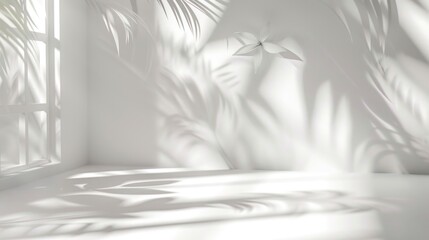 Abstract white studio background for product presentation with green tropical trees and tropical sun Shadow on the wall