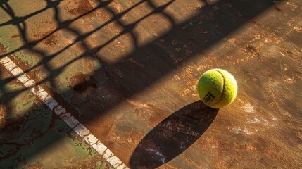 Unmanned tennis ball, court shadow, and green grass turf game. Sport, empty sport training ground, and lawn object shadow zoom for workout, exercise, and fitness for outdoor match.