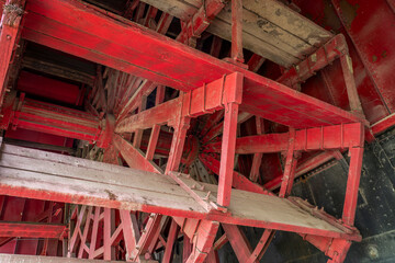 detail of wooden paddle wheel of Captain Meriwether Lewis sidewheeler dredge displayed in a dry dock in Brownville, Nebraska