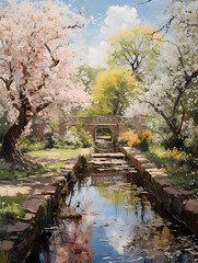 Spring in an old English park. Oil painting in impressionism style. Vertical composition.