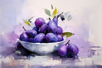 Still life in violet tones. Oil painting in impressionism style. Horizontal composition.