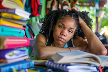 Student study, home, and sleep with books, textbooks, and notebooks for college, university, or school. Learner or exhausted black woman resting after knowledge test study.