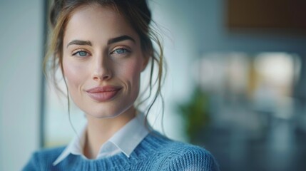 Fototapeta premium A smiling businesswoman reads and plans an innovative marketing strategy in a modern office. Young entrepreneur inspired by startup agency brainstorming and planning.