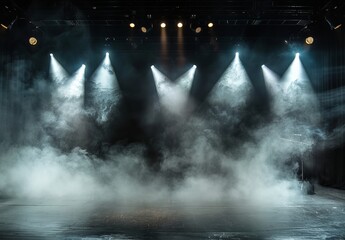 Empty stage with spotlights and smoke banner background with copy space --ar 16:11 Job ID: 0dfcf1aa-bca5-41ce-963f-eccc08ddb707