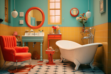Retro, vintage bathroom decor with vibrant color tones.