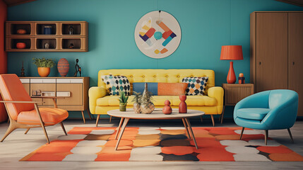 Naklejka premium Retro, vintage living room decor with vibrant color tones.