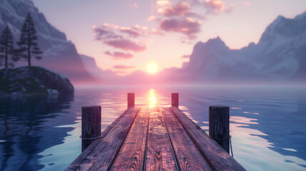 Render a serene lakeside scene with a wooden dock stretching into the calm waters against the sunset gradient. - obrazy, fototapety, plakaty