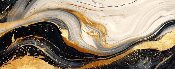 Gold swirls and ebony strokes on a creamy white abstract canvas