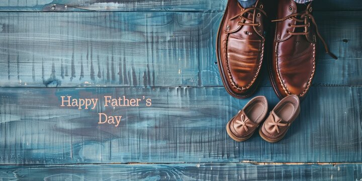 a pair of baby shoes and a leather loafer shoe on a grey wooden background with text Happy Fathers Day.