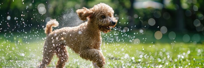 Poodle playing with water from a sprinkler in the garden, a summer fun activity for the dog at home - obrazy, fototapety, plakaty