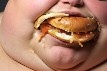 An extremely obese person with leftover food in her mouth. Obese young woman with hamburger. Mouth close-up. The concept of obesity and overeating.