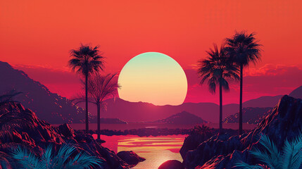 Render a retro-inspired poster with bold graphics set against the nostalgic sunset gradient.
