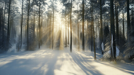 Fototapeta na wymiar Panoramic Shot of a Snowy Forest with Sunlight Streaming Through the Trees AI Generation