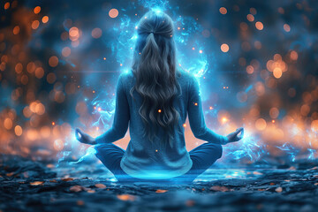 girl in lotus position meditates in balance with energies of space. Back of a woman