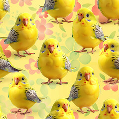 vibrant yellow budgerigars on a spring-inspired backdrop - obrazy, fototapety, plakaty