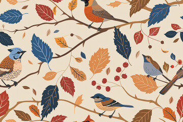 autumn birds and leaves pattern on a cream background