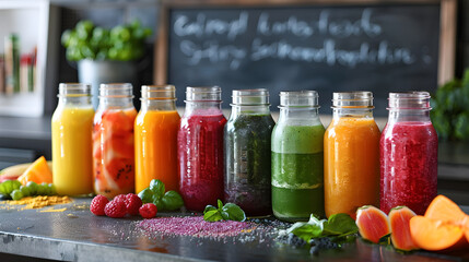 Variety of Vibrant, Healthful Smoothies with Fresh Ingredients