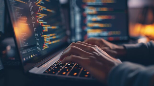 Close-up of a programmer's hands typing on a backlit keyboard, with lines of code displayed across multiple computer screens. AIG41