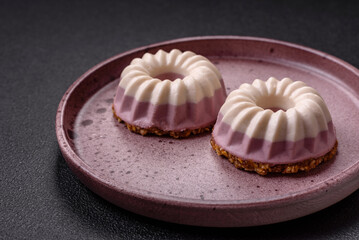 Delicious round pink and white cheesecake lactose-free, sugar-free, healthy nutrition