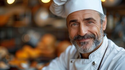 Photo portrait of a smiley Chef with kitchen in background