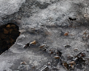 The creek is frozen in places. Pebbles can be seen through the ice and air bubbles.