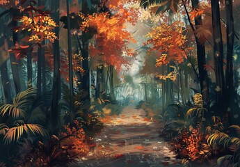 Path to Paradise: Autumn Forest Leading to Tranquil Tropical Setting