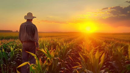 Fototapeta premium A farmer examining genetically modified cornstalks in a vast agricultural field, with the sunset casting an ethereal glow. Ai generated