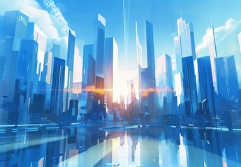 Corporate Skyline: Smart City Financial District with Sun Rays and Blue Background