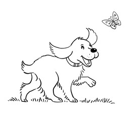 Cheerful dog playing with a butterfly. Cute cocker spaniel with big ears. Funny domestic puppy. Flat vector illustration. Black and white sketch