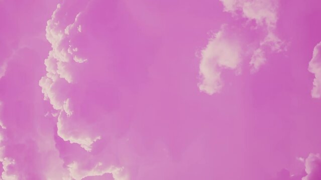 Unusual Sky Background. Colorful Cloudy Pink Magenta Sky With Fluffy Clouds. Toned Sky Backdrop Background Cloudscape. Abstract Pink And White Color. Time Lapse, Timelapse, Time-lapse.