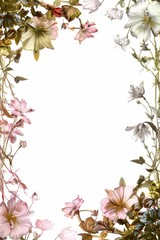 White Background With Pink Flowers and Green Leaves